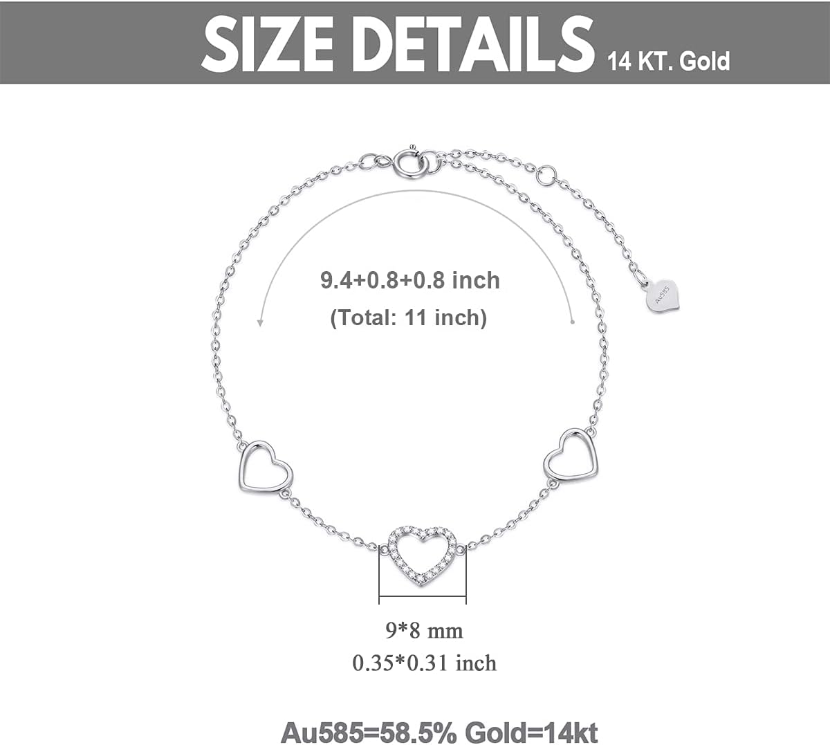 SISGEM 14k Gold Diamond Three Heart Anklets for Women, Love Ankle Bracelet Anniversary Jewelry for Wife, Birthday Gifts for Her, (0.11 ct) 9.4"-11"