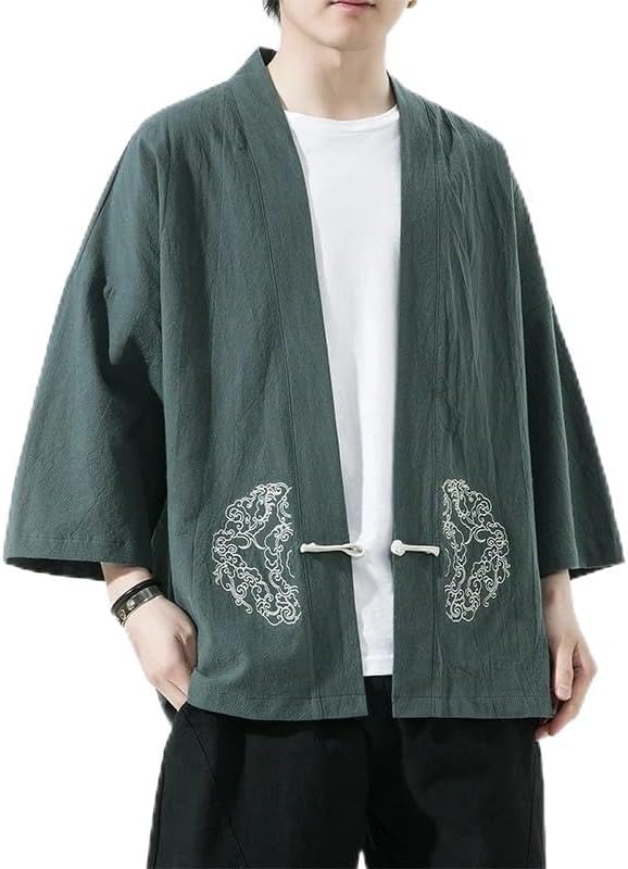 Embroidery Men Cotton Cardigan Blouse Asian Clothes Harajuku Japanese Kimono