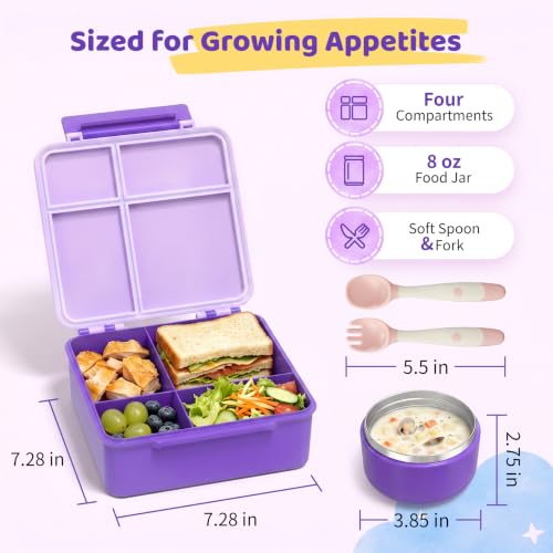 Image of Pawtong Bento Lunch Box with 8oz Soup Thermo, Kids Leakproof Lunch Food Containers with 4 Compartment, Kids Thermo Insulated Hot Food Jar for School, Trvael (Purple)