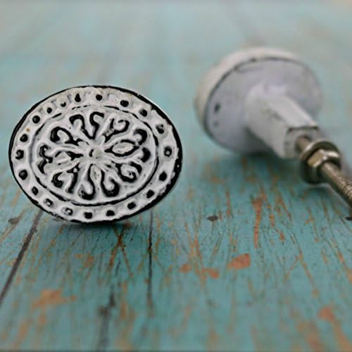 Set of 10 Oval Floral Metal Cabinet Knob in Distressed White Finish