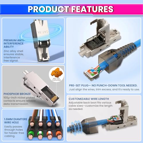 Image of amiciTools RJ45 CAT7 Reusable Ethernet Termination Plug - Shielded Modular Zinc Alloy Field Plug, Tool-Free, Compatible with 22-23AWG, 6.0-8.0mm OD, 10Gbps Network Termination Plug for DIY & Pro Use