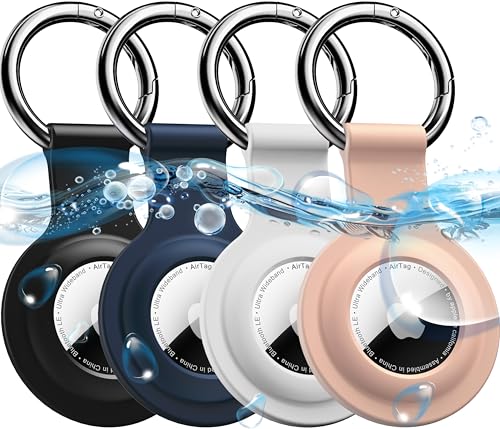 R-fun for Air tag Holder with Keychain, [4 Pack] Silicone Air Tag case cover with Key Rings for Wallet, Dog Collar, Luggage, and Keys-Black/White/Navy/Sand Pink