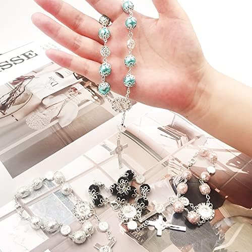 4 Pcs Rosary Beads Catholic, FineGood Cross Car Mirror Hanging Accessories for Women Blessing Rear View Mirror Pendant Car Decor Interior
