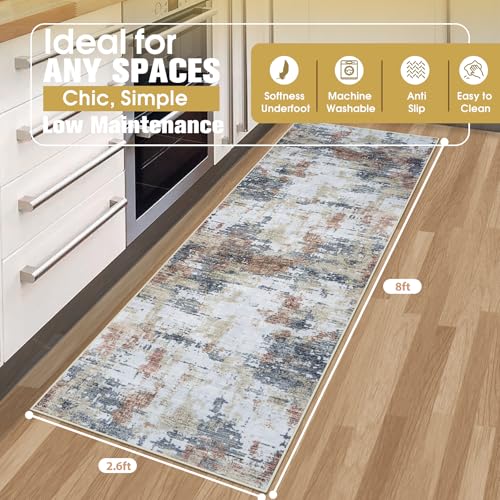 Runner Rug for Hallways Kitchen 2'6"x8' Washable Non Slip: Carpet Non Skid 8ft Entryway Rubber Backed 8 Feet Neutral Abstract Modern Rug Low Pile Pet Friendly Indoor Yellow Brown