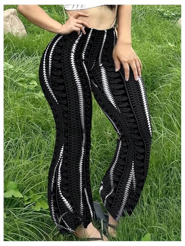 Milumia Women's Plus Size Striped Geo Bell Bottoms Flared Hem Casual Long Pants2