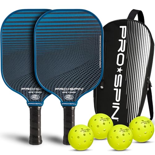 PRO-SPIN Pickleball Paddle Set of 2 - USAPA Approved Graphite Carbon Fiber Paddles, 4 Indoor/Outdoor Pickleballs, Premium Bag for Rackets & Balls, Raquettes Pickle Ball (Blue, 2-Player Set)