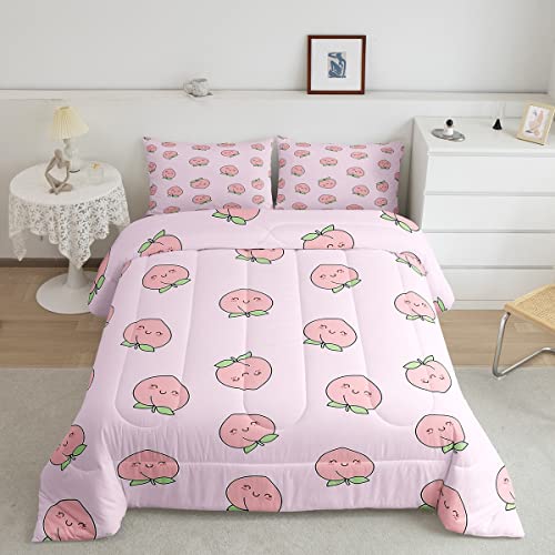 Cartoon Comforter Set Twin Size Pink Peach Bedding Set Kid Kawaii Down Comforter Girl Lovely Peach Duvet Set Cute Fruits Comforter Tropical Plant Bedding Reversible Soft Lightweight Room Dec
