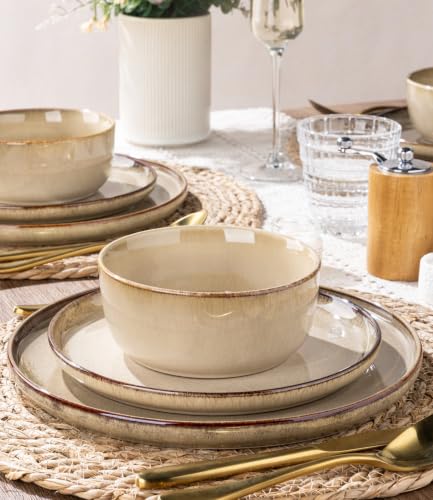 Image of GBHOME Dinnerware Sets for 4, 12 Pieces Stoneware Plates and Bowls Sets, Scratch Resistant Ceramic Dishes, Dishwasher & Microwave Safe, Reactive Glaze-Almond Cream