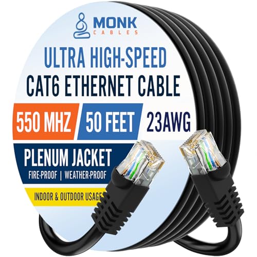 MONK CABLES | CAT6 Ethernet Cable | Plenum Rated | UTP, 23AWG, 550MHz | DSX-8000 Certified | Most Certified Cable of The Whole Market (Black, 50ft)