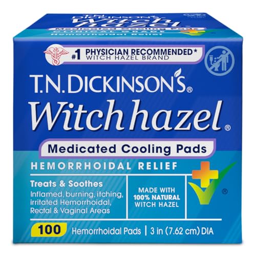 T.N. Dickinsons Medicated Cooling Pads with Witch Hazel and Aloe | Hemorrhoid Treatment Postpartum Care Feminine & Rectal Relief | 100 Rounds