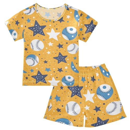 ALAZA Baseball Star Yellow Pajamas Set Short Sleeve Cotton Sleepwear Summer Pjs 2 Piece 5-14Y