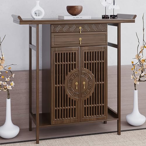 Table d'autel de méditation bouddhiste sculptée avec niche de Bouddha traditionnel