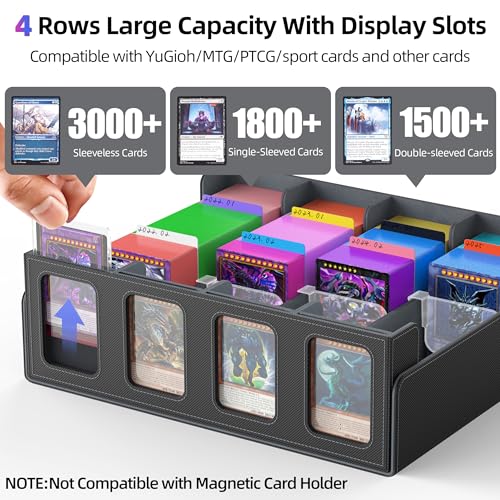 Miroddi Trading Card Storage Box, 3000+ MTG Deck Box, Commander Card Deck Case with Removable Cover, 4-Row Trading Card Case Fit for MTG TCG, YugiOh, 24 Colorful Dividers, 4 Stoppers, Black Grey