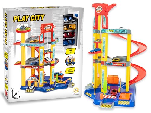 Teorema Giocattoli, Garaje Coches para Niños, Gran Aparcamiento Coches de 3 Pisos con Ascensor, Rampa Espiral, Lavado de Autos y 4 Vehículos Incluidos, Niños 3+ Años