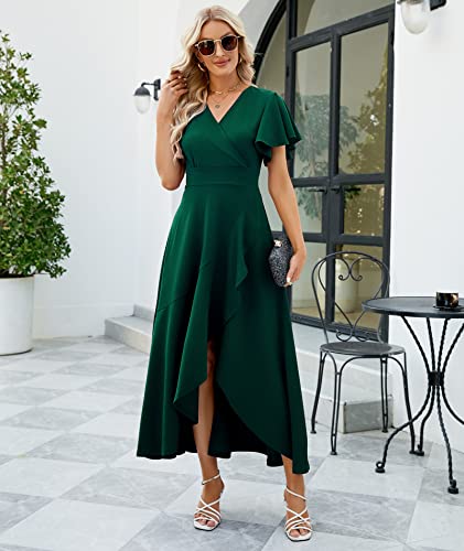Image of Long Black Formal Dresses for Women Gowns Evening Party Cocktail Dress,Split Elegant V Neck Wrap Ruffle Wedding Guest Dresses