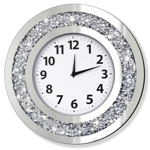 DMDFIRST Crystal Crushed Diamond Mirrored Round Wall Clock 16x16x2 inches