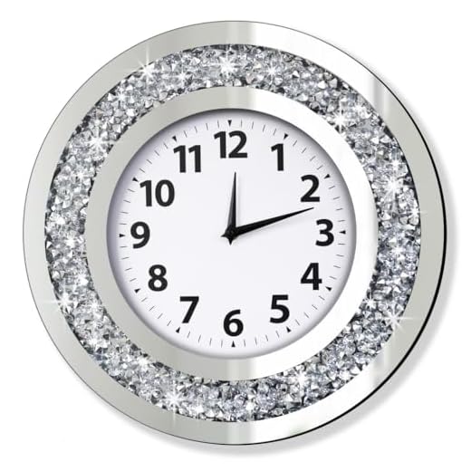 DMDFIRST Crystal Crushed Diamond Mirrored Round Wall Clock 16x16x2 inches for Wall Decoration Silver Glass Mirror Clock Sparkle Twinkle Bling Home Decor. AA Battery is not Included.