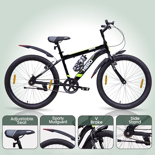 Image of Hero Rove Sports 24T Single Speed Mountain Bicycle for Mens | Black-Lime Green | Rigid | V Brake | Steel Frame : 15.5Inches | Rider Height : 4ft 4 inch - 5ft 1 inch | 95% Pre-Assembled(Ready to Ride in 5 Min)