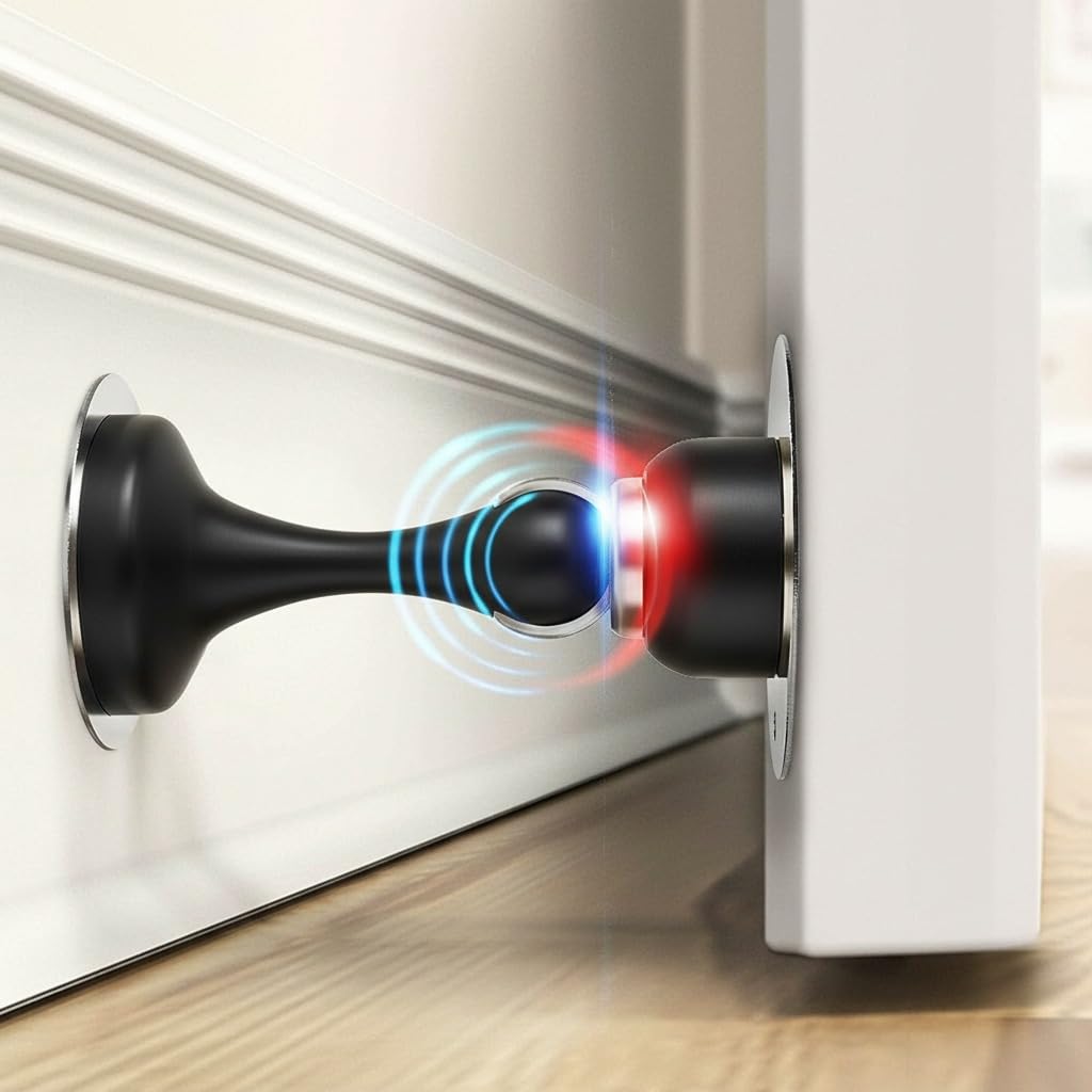 Domira Black Premium Magnetic Door Stop - Heavy Duty Floor Mounted Doors Stoppers For Walls & Floors - Strong Magnetic Catch, Adhesive Fitting, Wall Protector, Chrome Door Stop (Multi Colors) (Black)