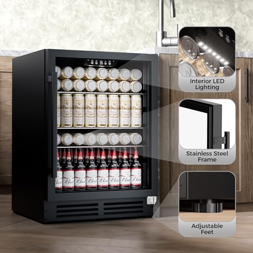 Image of Coolake 24 Inch Wide Under Counter Beverage Refrigerator, 180 Can Capacity Beverage Cooler with Glass Door, Built in or Freestanding, Drink Fridge for Basement, Kitchen, Office