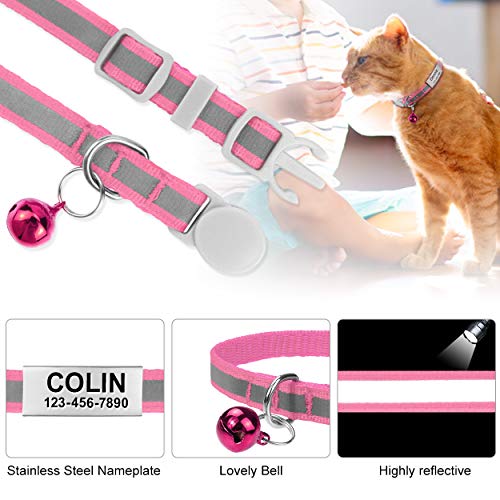 TagME Reflektierend Katzenhalsband mit Glöckchen und Sicherheitsverschluss, Personalisiert ID Namen, Verstellbar Halsband Katze Kitten, 1 STÜCK, Pink
