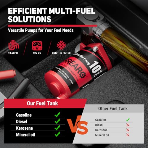Portable Fuel Tank, 50 Gallon for Gasoline & Diesel, Diesel Fuel Tank with 12V Transfer Pump and 13.1ft Rubber Hose, 10.6 GPM Diesel Tank, Auto Fueling Nozzle, for Easy Fuel Transportation, Black