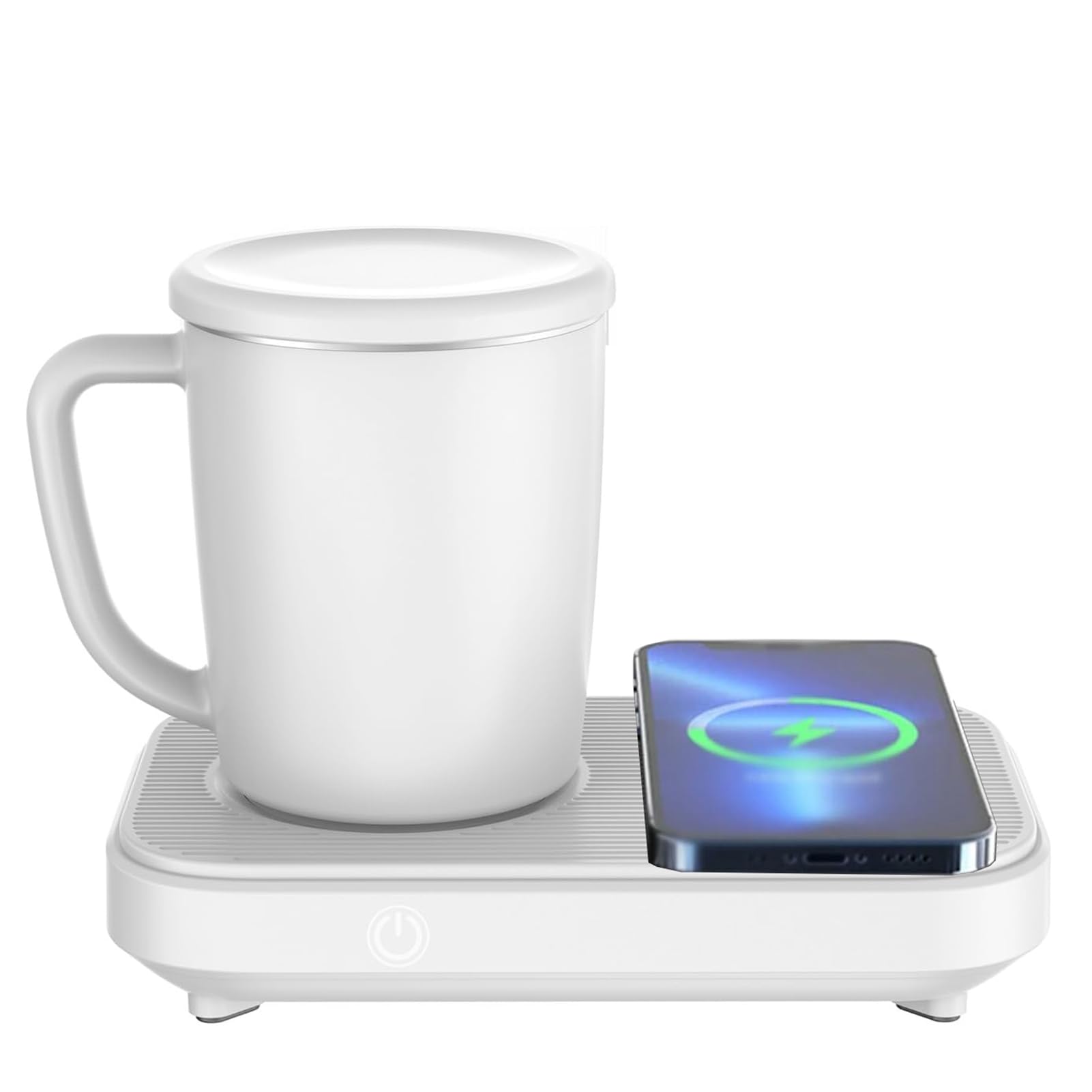 Taza eléctrica refrigerante blanca de 33W con base térmica y cargador inalámbrico rápido de 15W