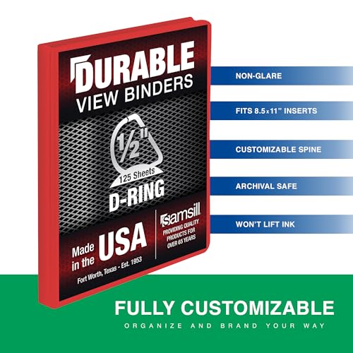 Image of Samsill Durable 0.5 Inch Binder, D Ring Binder, Customizable Clear View Cover, Ruby Red, Holds 125 Pages