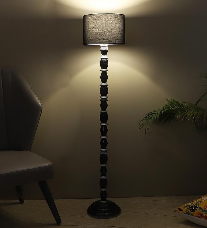 Image of tu casa Mango Wooden Floor Lamps with Black & White Base & Black Shade for Home Decor, Bedrooms Corner, Living Room, Gifting, Diwali Decoration, Hall, Office (Height: - 56 inch) - Bulb not Included