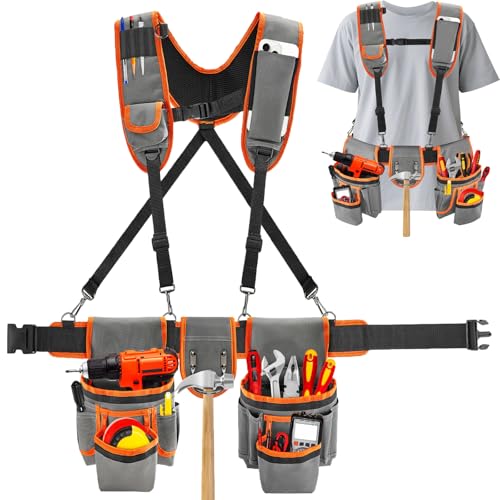 Professional Tool Belts for Men, Tool Pouch with Suspenders, Heavy Duty Detachable Adjustable Utility Belt Work Bags for Electrician, Carpenter and Gardeners（Tools not Included）