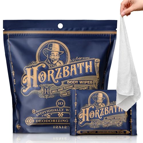 Horzbath HUGE Body Wipes, Individually Wrapped for Freshness - 12" x 12" Extra Large Shower Wipes for Men & Women - Camping, Travel, Gym, Wrestling, Combat - Mandelic Acid & Tea Tree Oil - 10-Pack