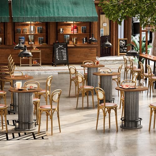 Image of Tribesigns Round Dining Table Set of 4, Bar Height Commercial Kitchen Table with Wood Strip Base and Footrest, for Dining Room, Restaurant, Cafe, Bakery, School, Apartment, Brown & Gray (Only Table)