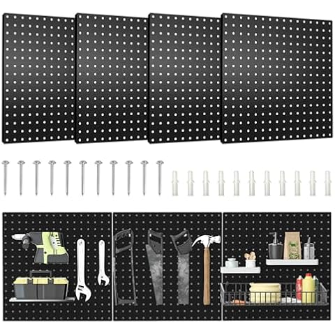 Hogurity Pegboard, 4 PCS 16”×16” Large Heavy Duty Metal Pegboard Panels with Frame Black Peg Board Display Peg Boards for Walls, Display, Garage Tool Storage, Office Organization, Craft Room, Kitchen Cover