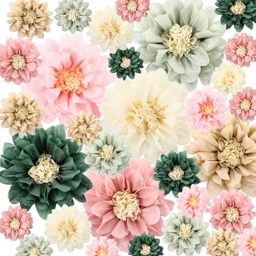 Image of Geyee 18 Pcs Mexican Paper Flowers Colorful Fiesta Tissue Paper Flowers Pom Poms Mexican Carnival for Floral Party Backdrop Wedding Birthday Party Craft (Sage Pink Series,6 inch 8 inch 10 inch)