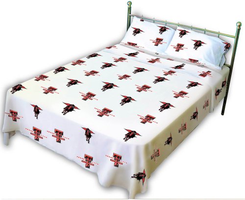 Everything Comfy Texas Tech Red Raiders Twin Sized 3 Piece Sheet Set, White Color Background, 1 Flat Sheet, 1 Fitted Sheet, 1 Pillowcase