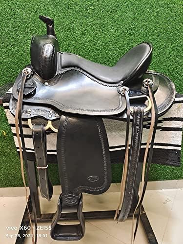 Manaal Enterprises Premium Leather Western Barrel Racing Adult Horse Saddle Tack, Headstall, Breast Collar, Reins & Saddle Pad Size 14-18 Inch (18" Inches Seat)