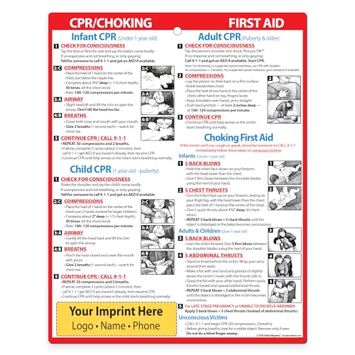 Image of Safety Magnets by ZOCO - 250-Pack Custom CPR & Choking First Aid Magnet - 8.5 inchx11 inch Laminated Cards - Personalized with Logo - Branded Safety Handout for Healthcare, Community Outreach