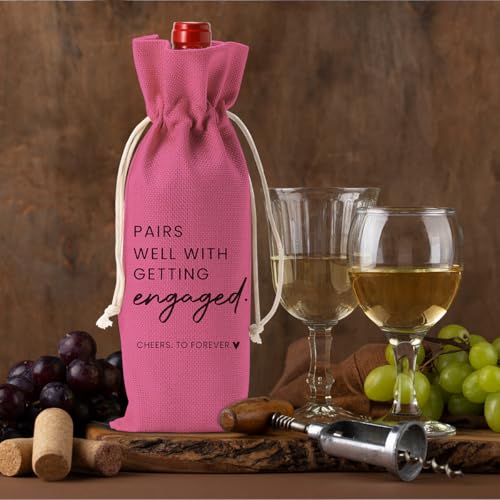 Image of Engaged Engagement Gifts for Couples Her Engagement Party Decorations | Engaged Wine Bag for Couple Women Pairs Well with Getting Engaged Wine Accessory Sets Pink Black