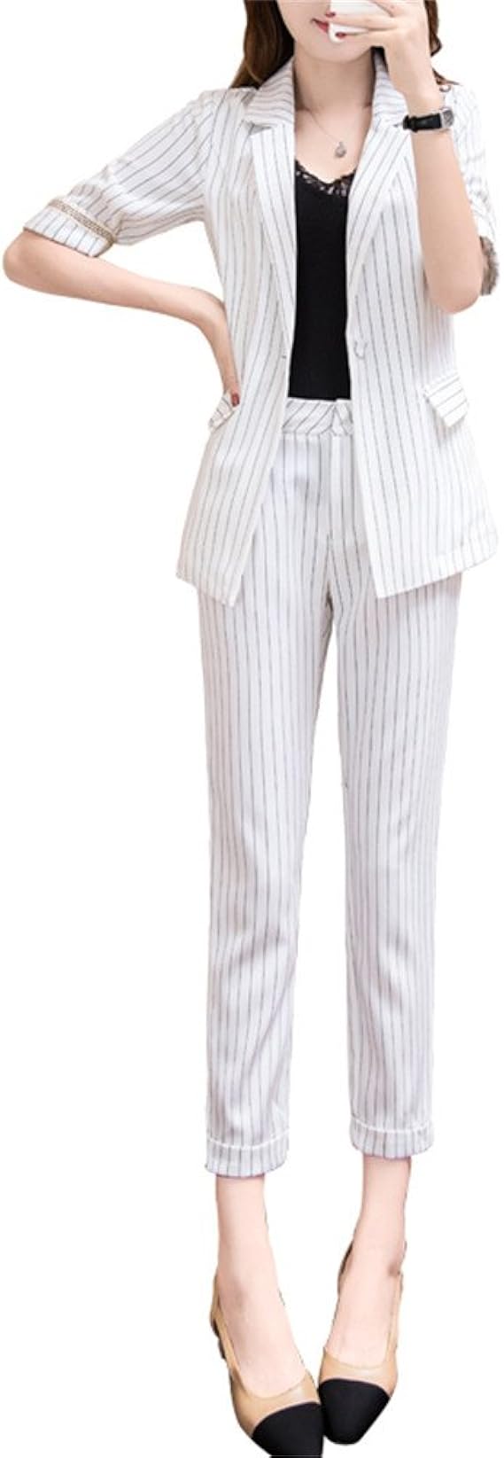 Amazon パンツスーツ レディース 夏用セットアップ ストライプ テーラードジャケットセットアップ大きいサイズ 七分袖薄手フォーマル 一つボタンホワイト就活スーツセット リクルートスーツ 洗える卒業式 事務服 L スーツ 通販