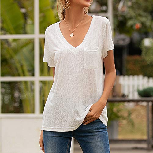 Fvbhty Women's Tunics Monochrome Summer With Pockets Blouses Short Sleeve T-Shirt Baggy Shirt White - Plain #TOP3