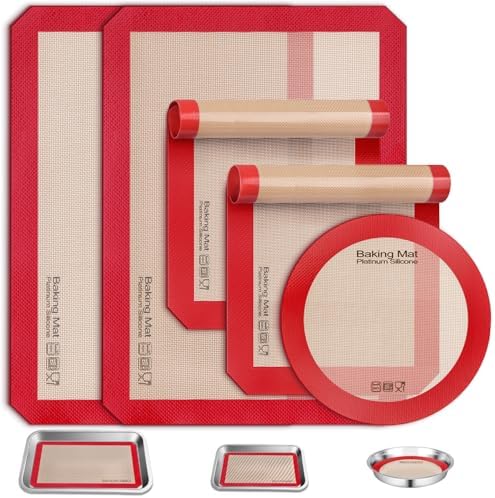 Sopito 5PCS Non Stick Platinum Silicone Baking Mat for Half Sheet & Quarter Baking Sheet and 9'' Pizza Pan, Reusable & Food Safe Heat Proof Up to 480℉ Cooking Mat, Red