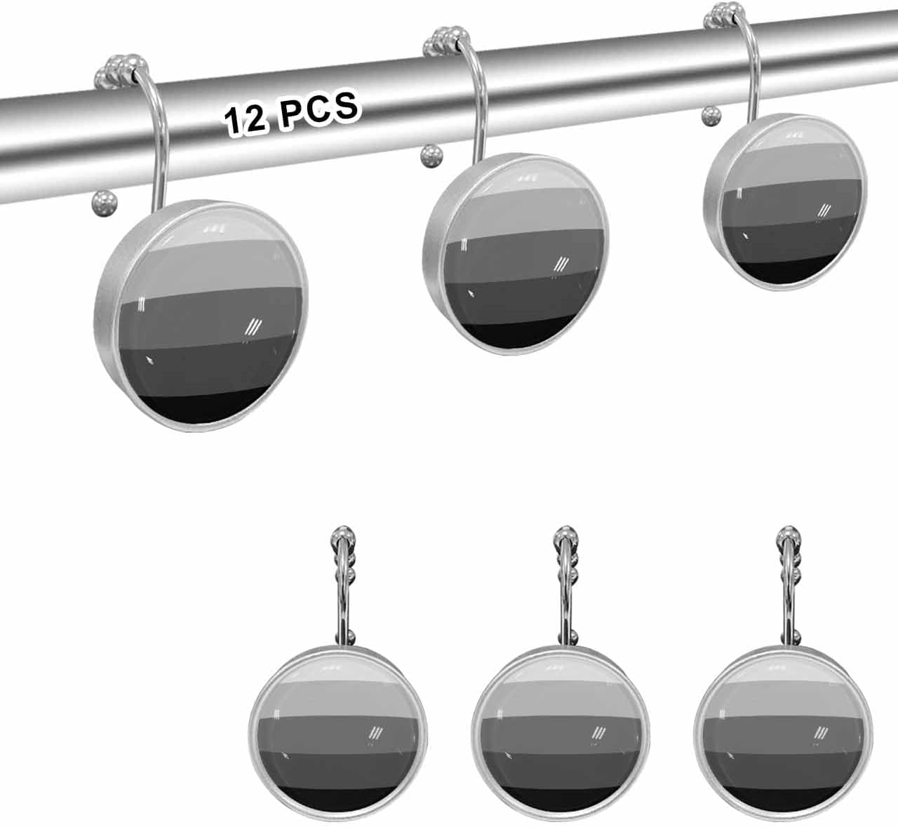 Shower Curtain Hooks 12 Pcs Black and Grey Striped Gradient Rustic Wood Board Stainless Steel Rust Proof Rolling Shower Curtain Rings, Decorative Shower Curtain Hooks Hangers for Bathroom