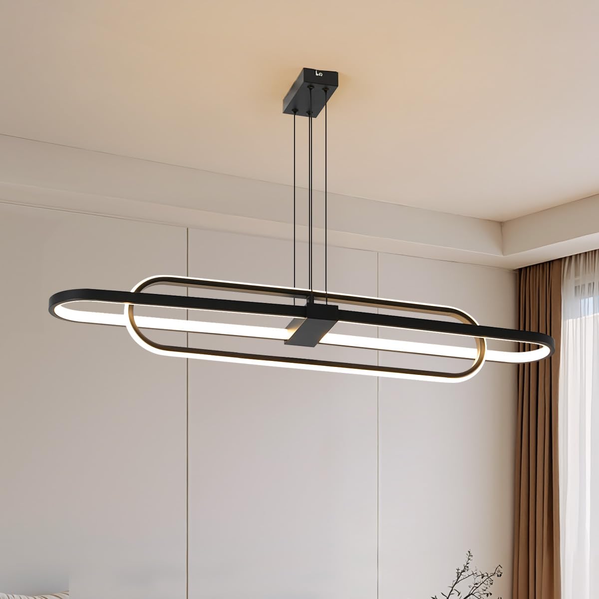 Lampadario Ovale Moderno LED Lampade a Sospensione Dimmerabile Doppio Anello Design Isola Cucina Lampadari Soggiorno,Regolabile Lineare Soffitto Camera Letto Lampadario Plafoniera,Nero 99cm