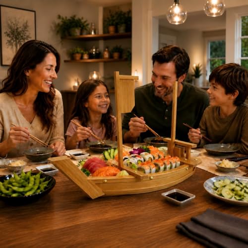 Image of Wooden Sushi Boat Serving Tray Plate, 20In Large Charcuterie Boards | Nature Bamboo Handmade, Japanese Sushi Plate, Restaurant or Home Party Display Platter
