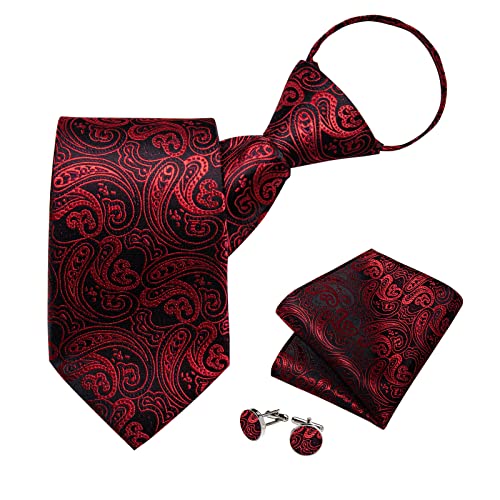 DiBanGu Silk Zipper Ties for Men Paisley Solid Plaid Pre-tied Tie and Pocket Square Cufflinks Set Formal Adjustable Necktie Black and Red