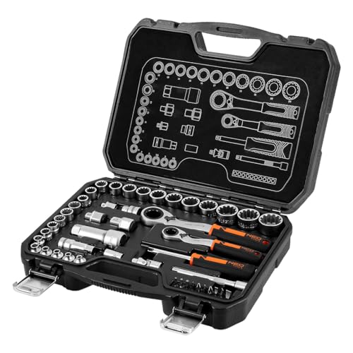 NEO TOOLS Werkzeugset mit Offener Ratsche -Steckschlüssel, Bits, Ausstattung 1/4” und 3/8 46 tlg. - Ratsche mit Loch und Steckschlüssel Inklusive | Ratschenmechanik mit 72 Sperrklinken | CrV-Stahl