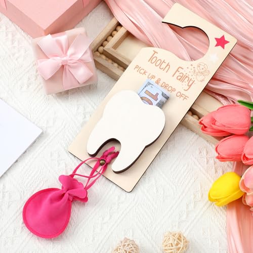 Image of DoubleFill Fairy Tooth Gift Holder Bag Door Hanger Lost Teeth Keepsake Box Tooth Fairy Kit Stores Back to School Gift for Lost Teeth Boy Girl Primary School Classroom Gifts(Classic,Rose Red)