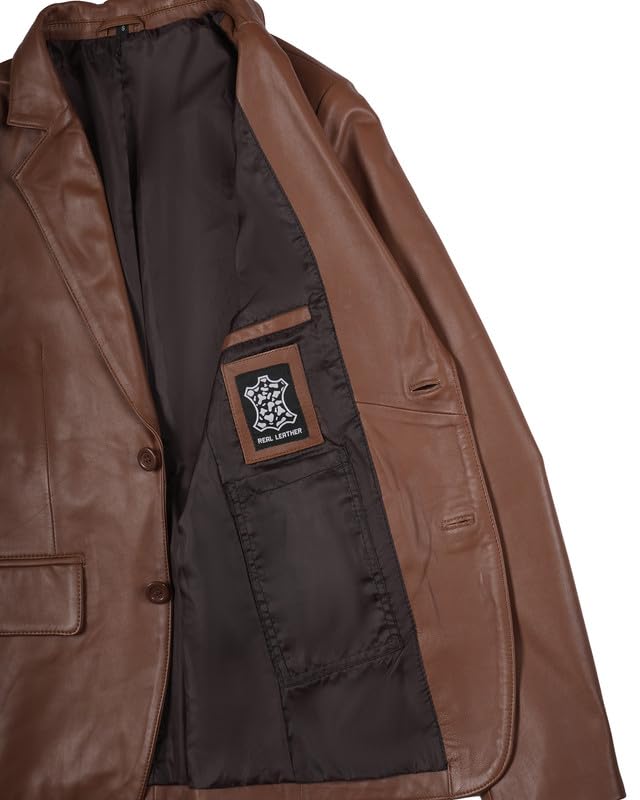 Image of Blingsoul Mens Leather Blazer - Casual Leather Sport Coat with Notch Lapel, Real Lambskin Leather Jacket for Men