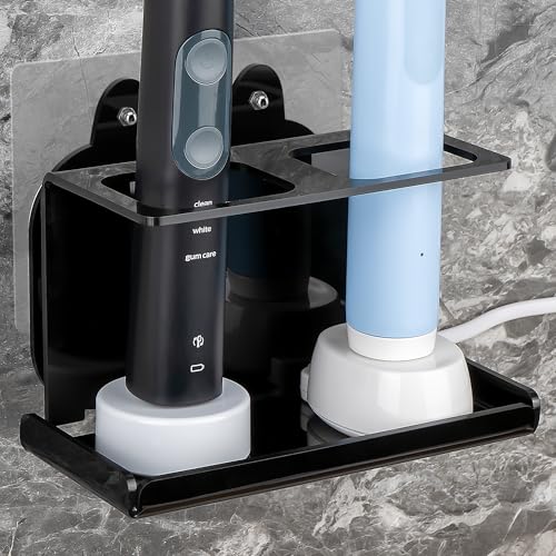 Electric Toothbrush Holder Wall Mounted Electric Toothbrush Cord Organizer Holds 2 Chargers Self Adhesive Electric Toothbrush Stand for Bathroom Medicine Cabinet Dorm(Black)
