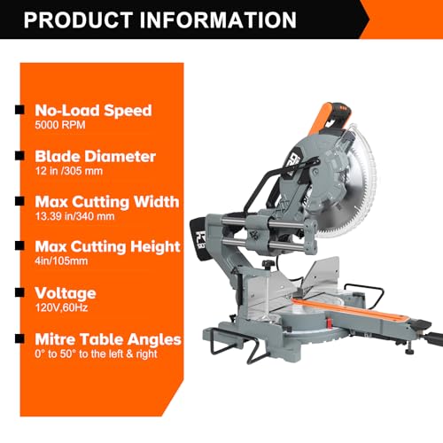 Prostormer 12-Inch Sliding Compound Miter Saw, 15 Amp Motor, 5000 RPM, 100-Tooth Blade, 0-45° Miter & Bevel Cuts, LED Light, Safety Guard, Extendable Support & Clamp for Woodworking, Decking, Trim